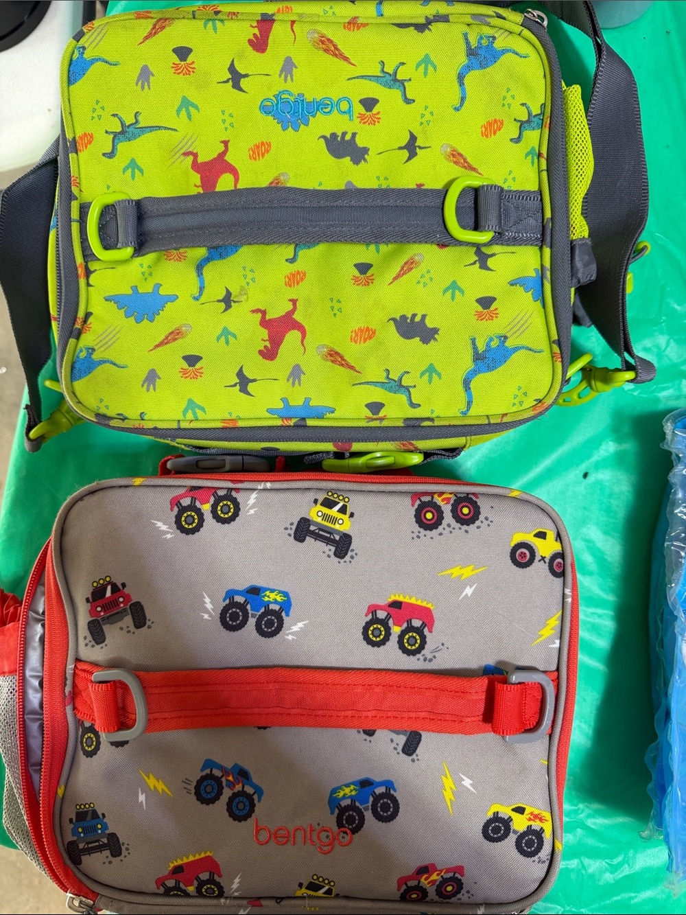 Bentgo Kids Lunch Bag - Two-Pack Dino & Monster Truck Prints, Lime/Gray